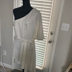 Elegant White and Gold Polka Dot Dress
